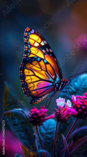 vibrant butterfly perched on colorful flowers, showcasing intricate patterns and vivid colors. scene captures beauty of nature in stunning, ethereal light