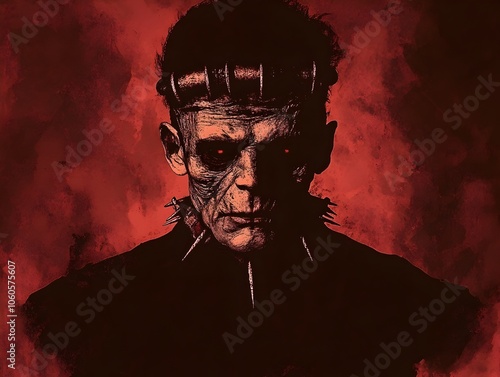 Dramatic High Contrast Portrait of Frankenstein s Haunting Creature with Bolts in Neck