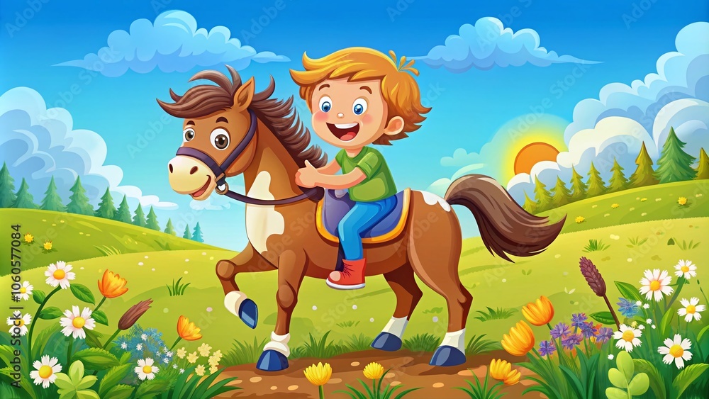 Obraz premium Happy Cartoon Boy Riding Horse in a Vibrant Landscape - Joyful Animal Bonding, Whimsical Illustration for Children’s Books, Family-Friendly Art, Playful Outdoor Adventures