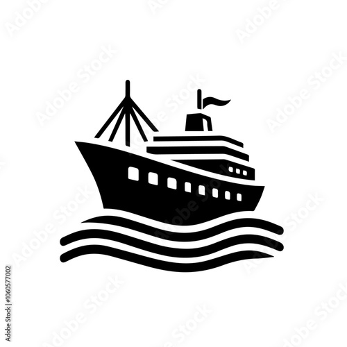 Vintage Sailing Ship Silhouette Vector on Waves - Nautical Icon for Marine and Adventure Themes