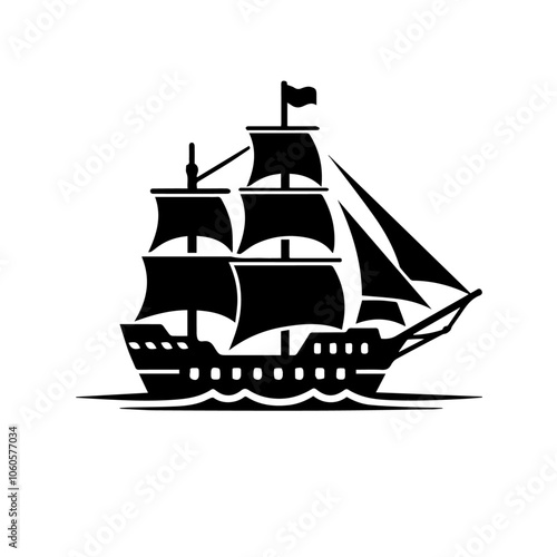 Vintage Sailing Ship Silhouette Vector on Waves - Nautical Icon for Marine and Adventure Themes photo