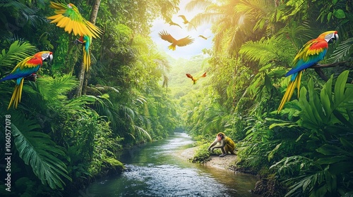 Tropical Jungle Scene with River, Parrots, and Monkeys Playing photo