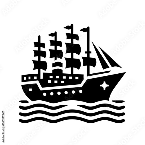 Vintage Sailing Ship Silhouette Vector on Waves - Nautical Icon for Marine and Adventure Themes photo