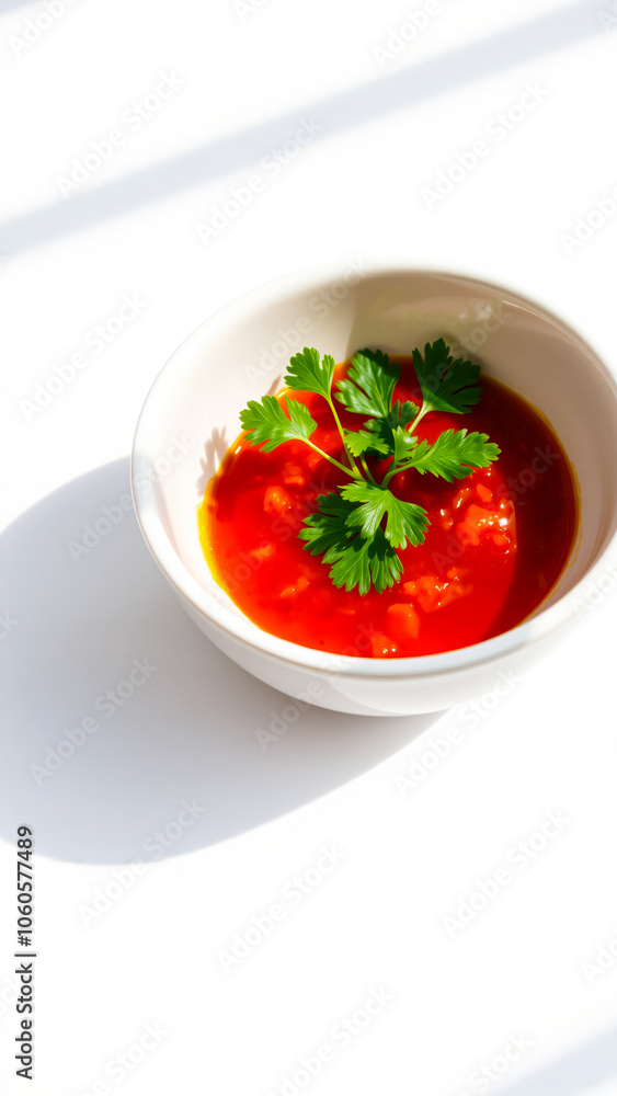 red sauce a white bowl with fresh herbs red sauce a white bowl with fresh herbs