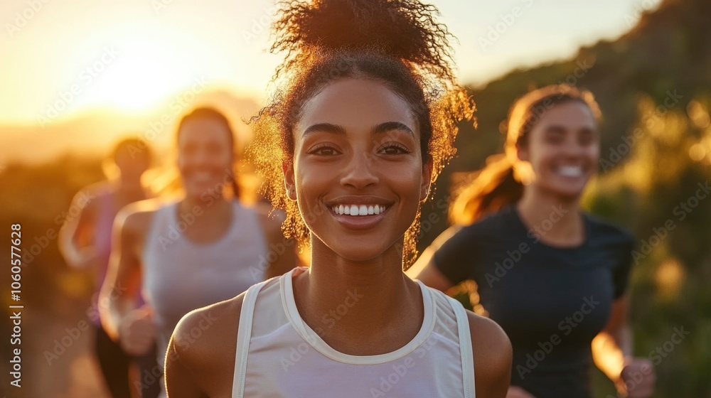 A group of friends exercising outdoors, running together on a trail with a vibrant sunset A group of friends exercising outdoors, running together on a trail with a vibrant sunset