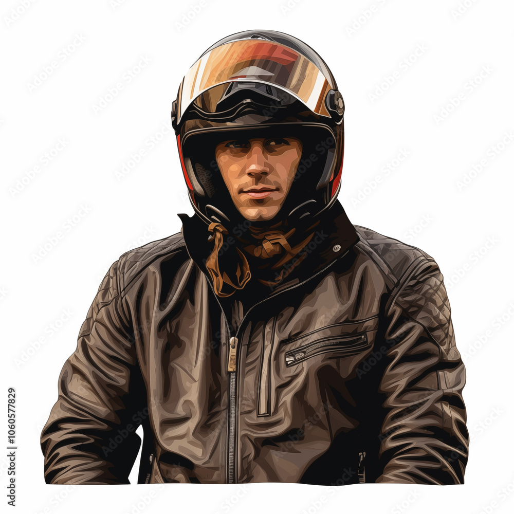 A cartoon depiction of a motorcyclist wearing a helmet and leather jacket, ready for an adventure A cartoon depiction of a motorcyclist wearing a helmet and leather jacket, ready for an adventure