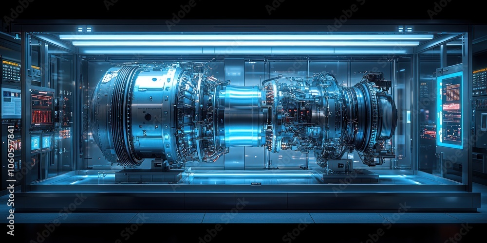 A Jet Engine Displayed in a Modern Glass Enclosure A Jet Engine Displayed in a Modern Glass Enclosure