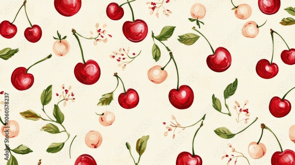 Playful cherry pattern on a light background, showcasing juicy cherries and green stems Playful cherry pattern on a light background, showcasing juicy cherries and green stems