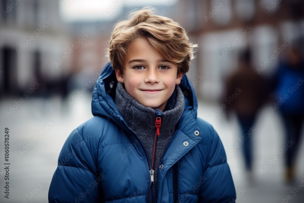 Portrait of a smiling boy in a blue down jacket on a city street. Portrait of a smiling boy in a blue down jacket on a city street.