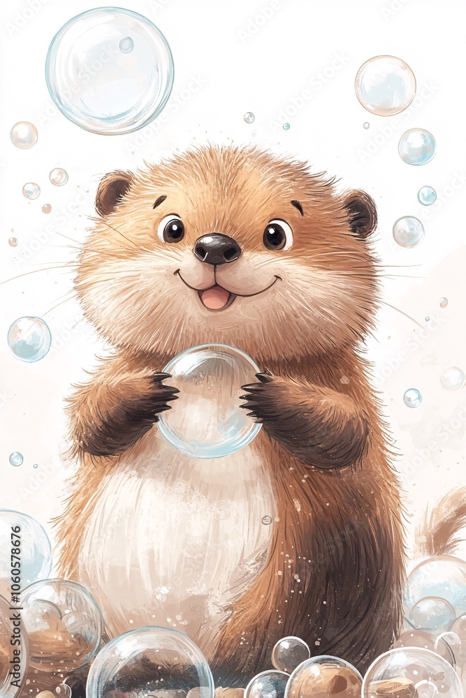 Fototapeta premium A playful otter bubbles with joy as it holds a transparent sphere amidst floating soap bubbles in a whimsical scene