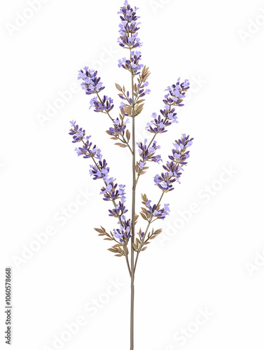 A decorative lavender flower stem with purple blossoms and green leaves.