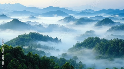 Scenic view of foggy mountains, lush valleys emerging from the mist