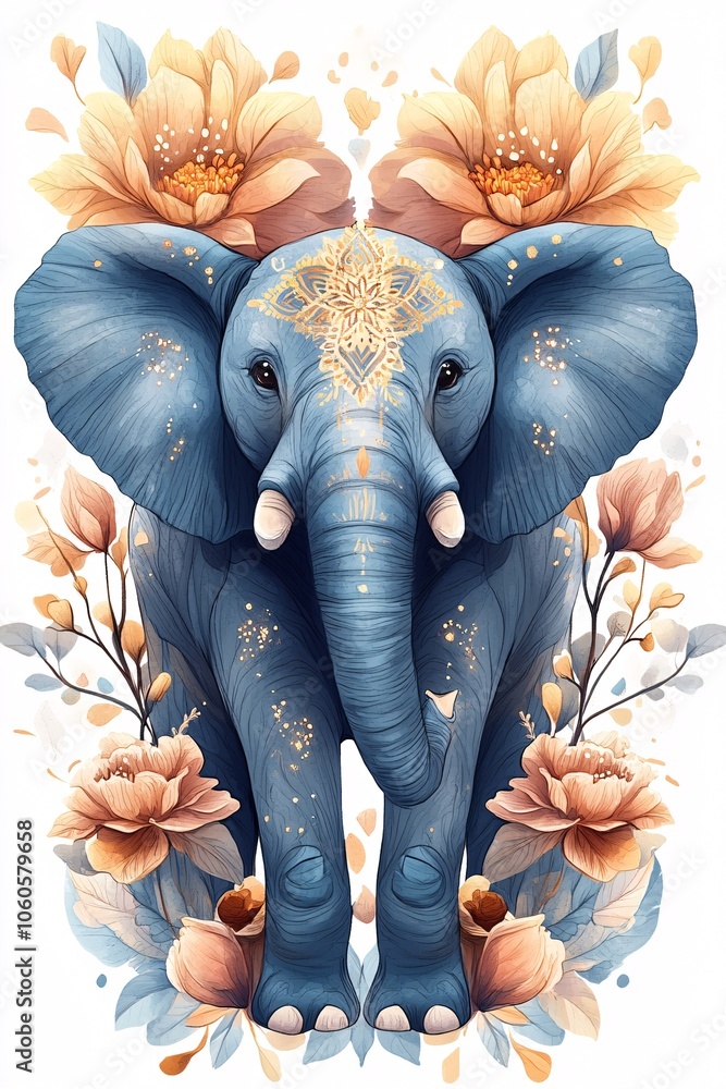 Obraz premium A majestic blue elephant surrounded by floral patterns symbolizes strength and serenity in nature's embrace