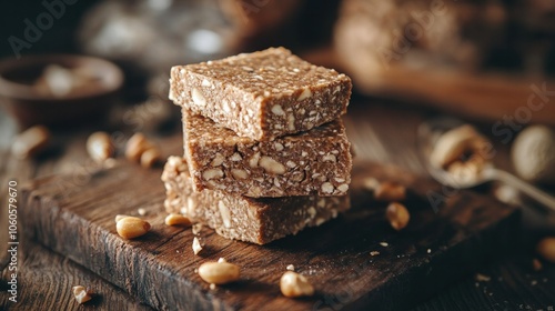 Peanuts with Halva Slices on a wooden surface.
