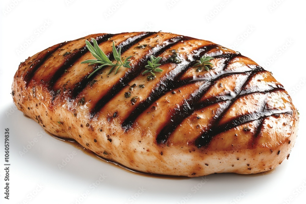 Grilled chicken breast with cross-hatched grill marks and herbs, capturing the juicy and flavorful appeal of perfectly grilled poultry, symbolizing flavor and health Grilled chicken breast with cross-hatched grill marks and herbs, capturing the juicy and flavorful appeal of perfectly grilled poultry, symbolizing flavor and health