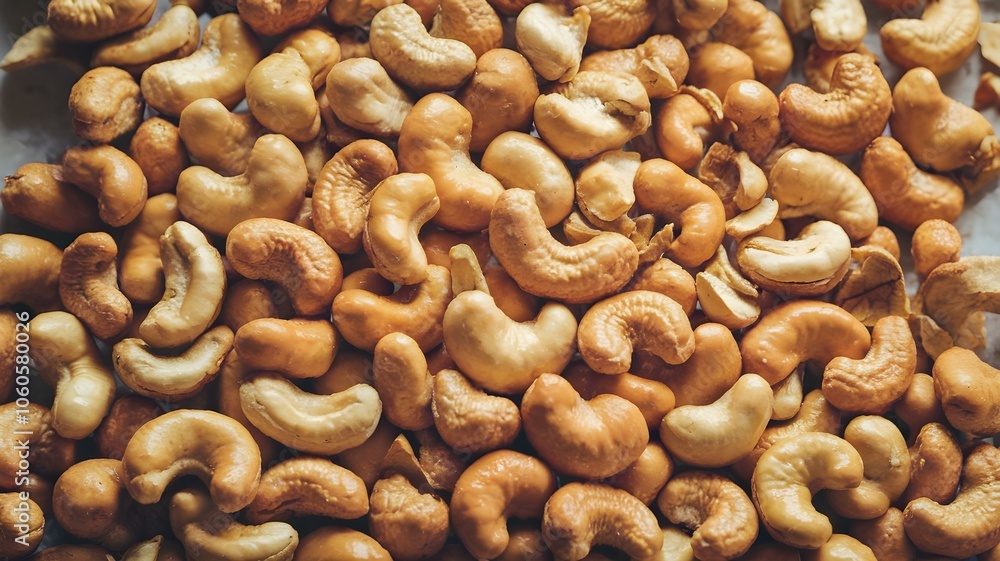 A close-up view of a pile of crunchy, roasted cashews, showcasing their golden-brown hues and unique shapes. Perfect for highlighting healthy snacks or culinary themes featuring nuts and plant-based A close-up view of a pile of crunchy, roasted cashews, showcasing their golden-brown hues and unique shapes. Perfect for highlighting healthy snacks or culinary themes featuring nuts and plant-based