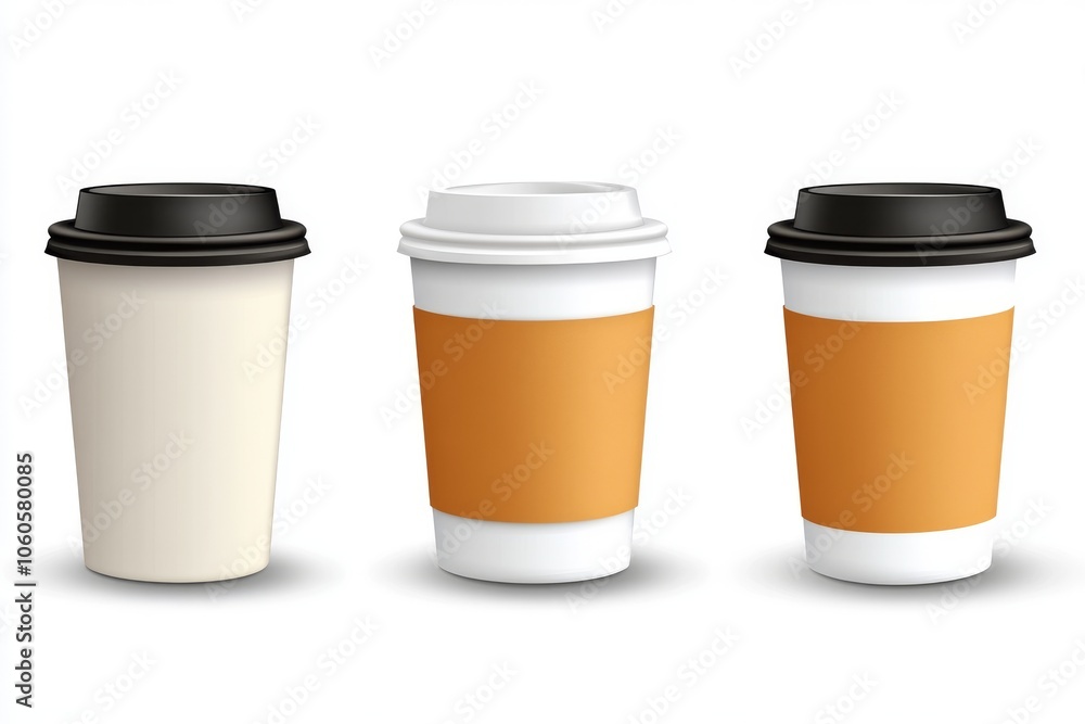Tres vasos de café desechables con diferentes colores de tapas y bandas protectoras, sobre un fondo blanco. Perfecto para ilustrar bebidas para llevar o la cultura del café moderno.
Tres vasos de café desechables con diferentes colores de tapas y bandas protectoras, sobre un fondo blanco. Perfecto para ilustrar bebidas para llevar o la cultura del café moderno.