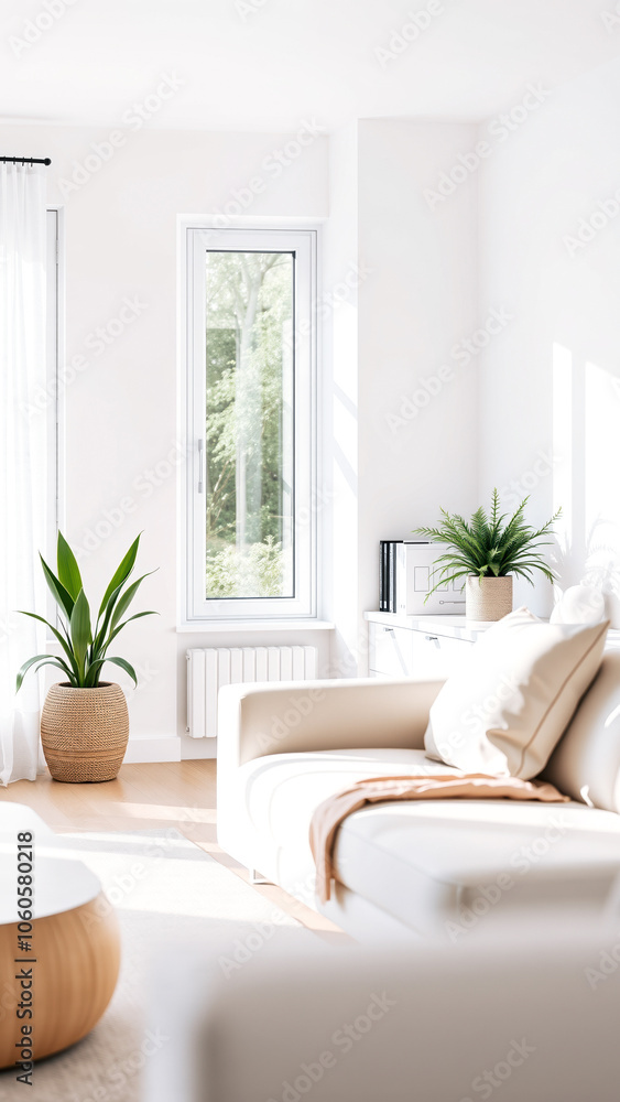 Naklejka premium minimalist living room with sunlight streaming through the window