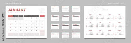 Set of 12 Pages Monthly Calendar Planner Templates and annual. Vector layout of a wall or desktop calendar with the week starting on Sunday ready for printing. Page size Letter -8.5x11