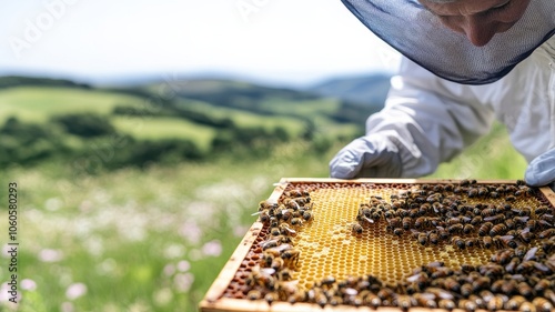 A beekeeper inspects a honeycomb frame in a lush green landscape, showcasing the importance of bees in nature and agriculture.