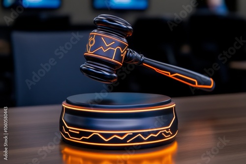 High-tech judgeâ€™s gavel with neon-lit symbols, symbolizing the futuristic and decisive nature of verdicts in a digital world, capturing innovation and authority photo