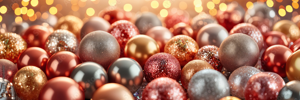 Close-up of numerous shiny, metallic Christmas ornaments with various colors such as gold, silver, red, and green, arranged in a circular pattern against a blurred background. Close-up of numerous shiny, metallic Christmas ornaments with various colors such as gold, silver, red, and green, arranged in a circular pattern against a blurred background.