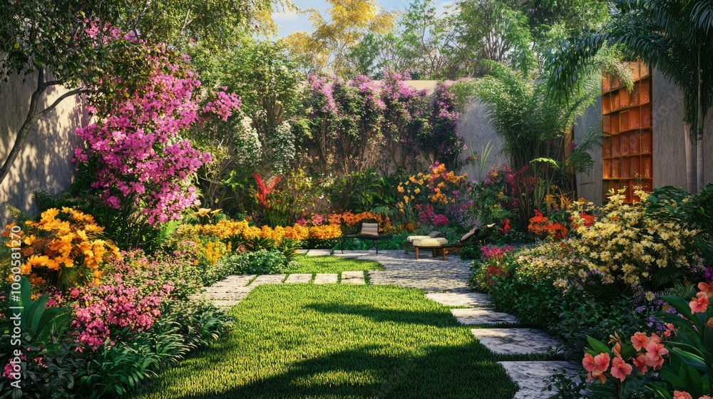 Vibrant backyard with a mix of flowers and greenery, perfect for outdoor relaxation Vibrant backyard with a mix of flowers and greenery, perfect for outdoor relaxation