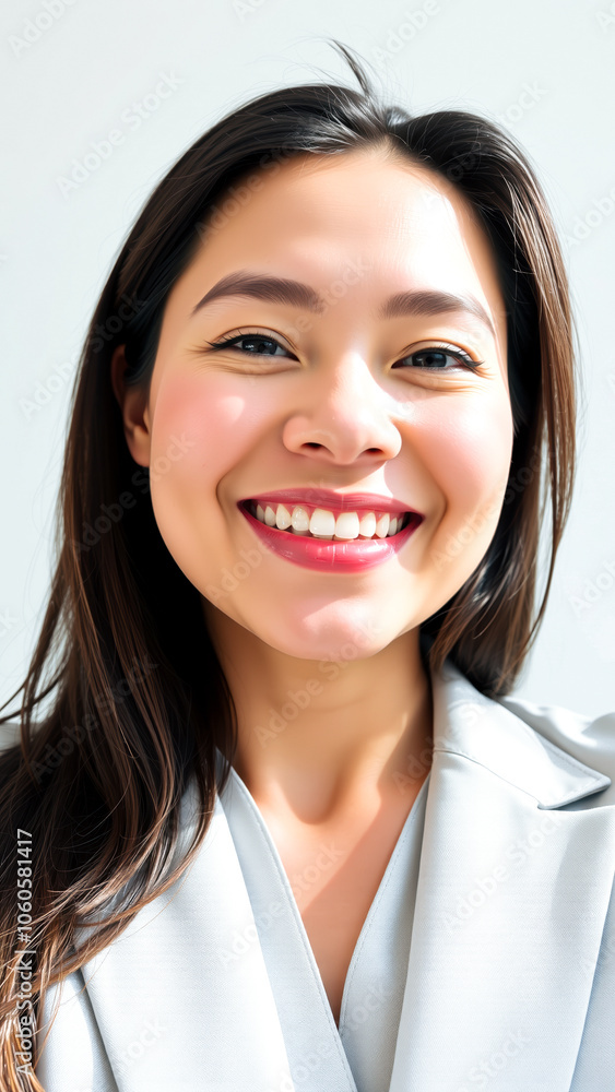 young woman smiles brightly a gray blazer young woman smiles brightly a gray blazer