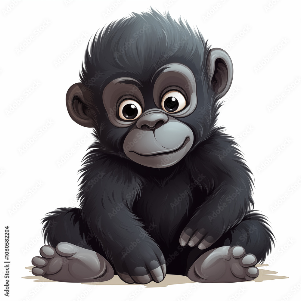 Obraz premium Cute cartoon baby gorilla sitting and smiling cheerfully in a playful pose on a neutral background