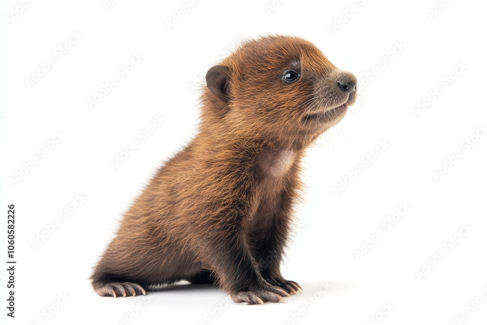 Fototapeta premium the beside view baby Beaver standing, left side view, low angle, white copy space on right, Isolated on White Background