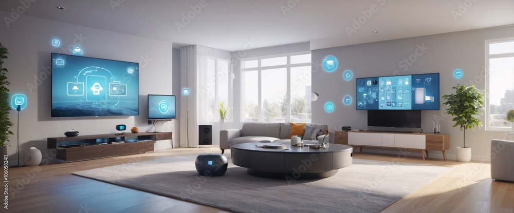 illustrate the concept of the Internet of Things with an image of a smart home, featuring various connected devices and appliances shot from a low angle with a wide-angle lens illustrate the concept of the Internet of Things with an image of a smart home, featuring various connected devices and appliances shot from a low angle with a wide-angle lens