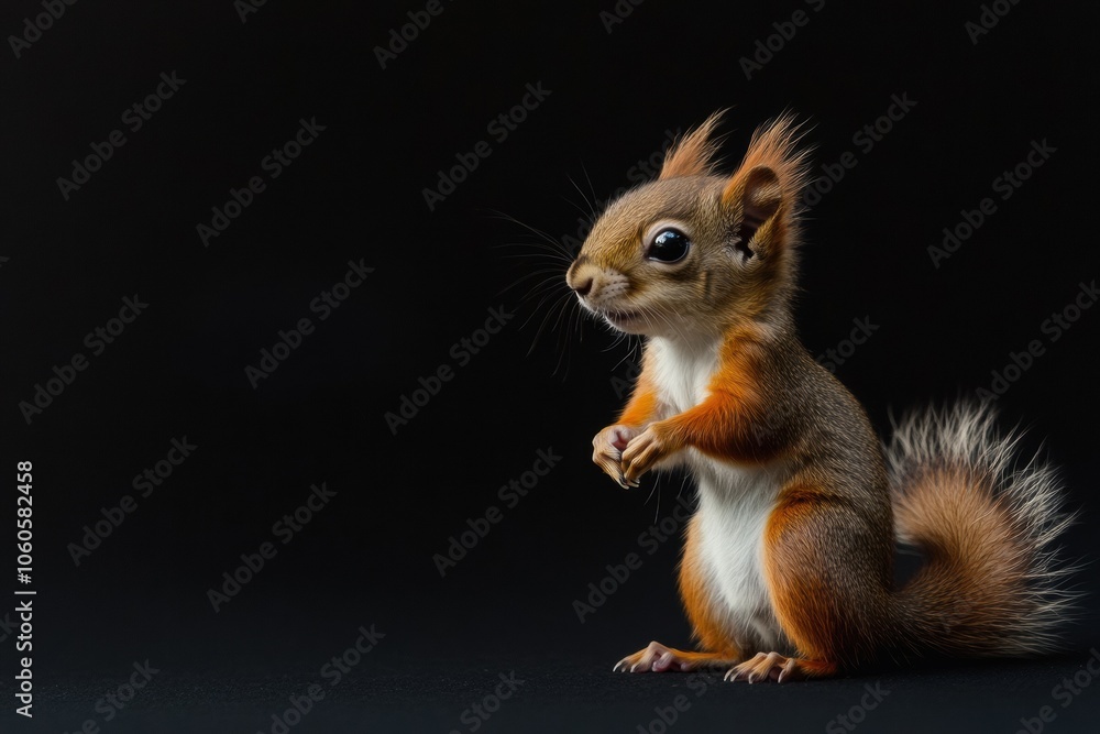 Naklejka premium the beside view baby Squirrel standing, left side view, low angle, white copy space on right, Isolated on black Background