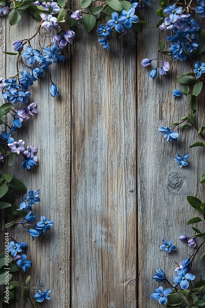 Beautiful blue flowers framing weathered wooden surface for a serene nature-inspired aesthetic Beautiful blue flowers framing weathered wooden surface for a serene nature-inspired aesthetic