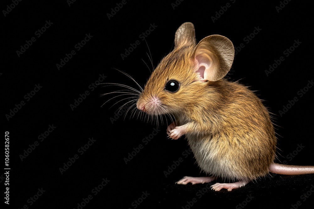 the beside view baby Mouse standing, left side view, low angle, white copy space on right, Isolated on black Background the beside view baby Mouse standing, left side view, low angle, white copy space on right, Isolated on black Background