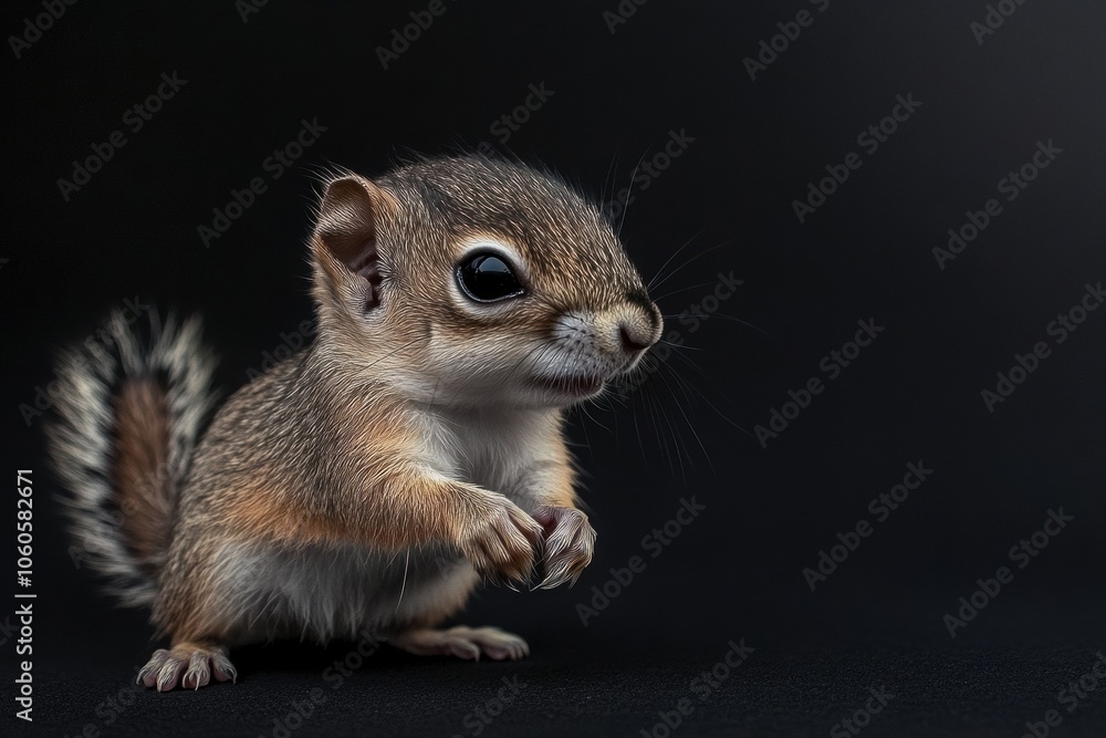 the beside view baby Squirrel standing, left side view, low angle, white copy space on right, Isolated on black Background the beside view baby Squirrel standing, left side view, low angle, white copy space on right, Isolated on black Background