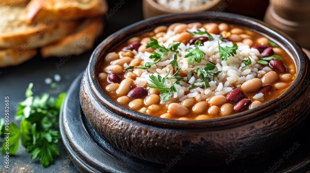 Turkish food in its traditional form. The Haricot Rice, beans, with toast and onion
Turkish food in its traditional form. The Haricot Rice, beans, with toast and onion