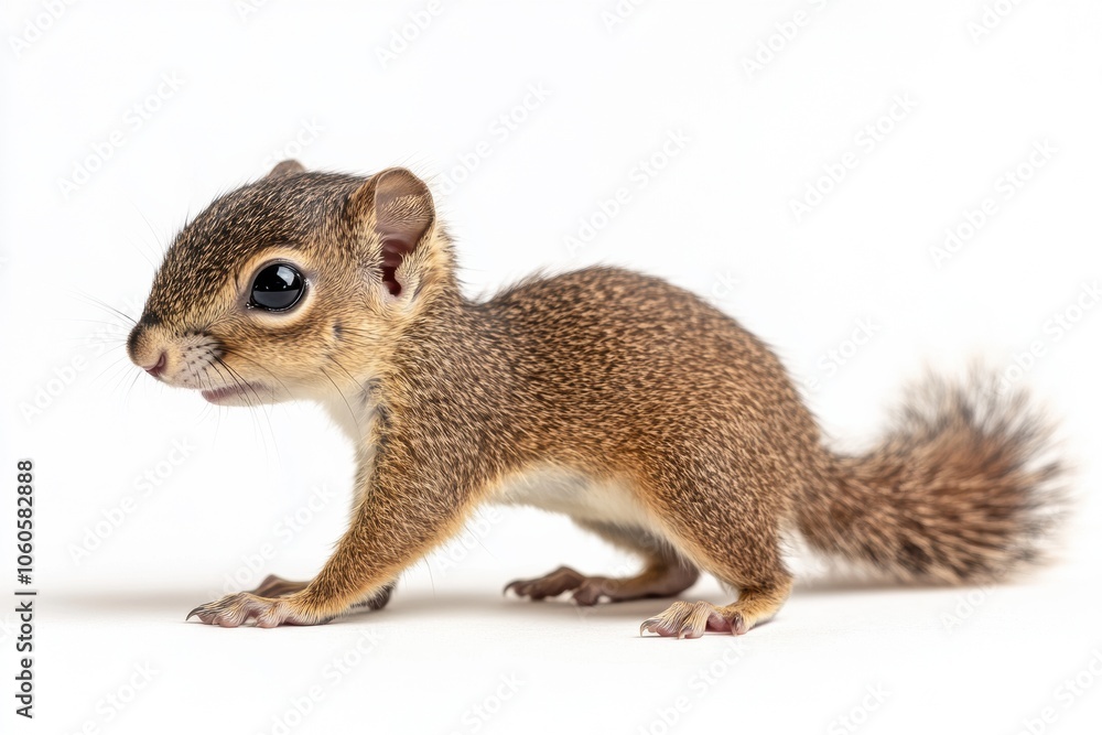 the beside view baby Squirrel standing, left side view, low angle, white copy space on right, Isolated on White Background the beside view baby Squirrel standing, left side view, low angle, white copy space on right, Isolated on White Background