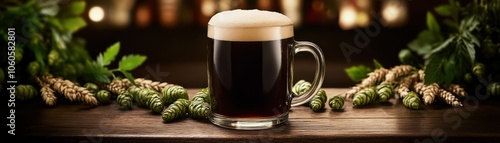 A frothy dark beer sits on a wooden table surrounded by fresh hops and greenery, evoking a rustic brewing atmosphere. photo