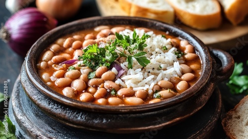 Turkish food in its traditional form. The Haricot Rice, beans, with toast and onion
 photo