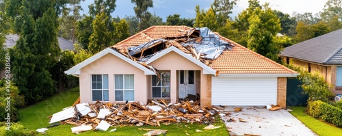 A damaged residential home with debris on the roof, showcasing the aftermath of a storm or natural disaster. photo