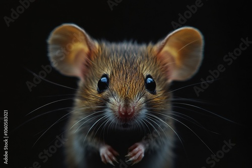 Mystic portrait of baby Mouse in studio, copy space on right side, Headshot, Close-up View, isolated on black background