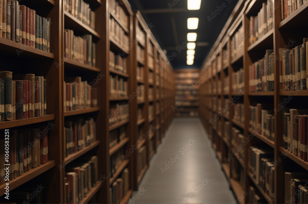 Dimly Lit Library Bookshelves Aisle View Dimly Lit Library Bookshelves Aisle View