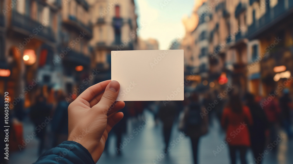 A hand holding a blank postcard with city background A hand holding a blank postcard with city background