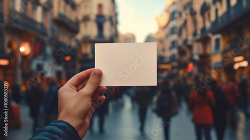 A hand holding a blank postcard with city background