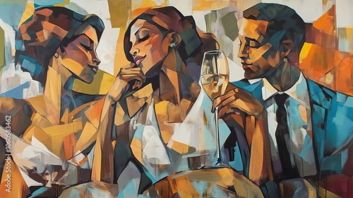 Wallpaper Mural Abstract painting of two women and a man enjoying a glamorous evening with wine, vibrant colors and dynamic interaction. Torontodigital.ca
