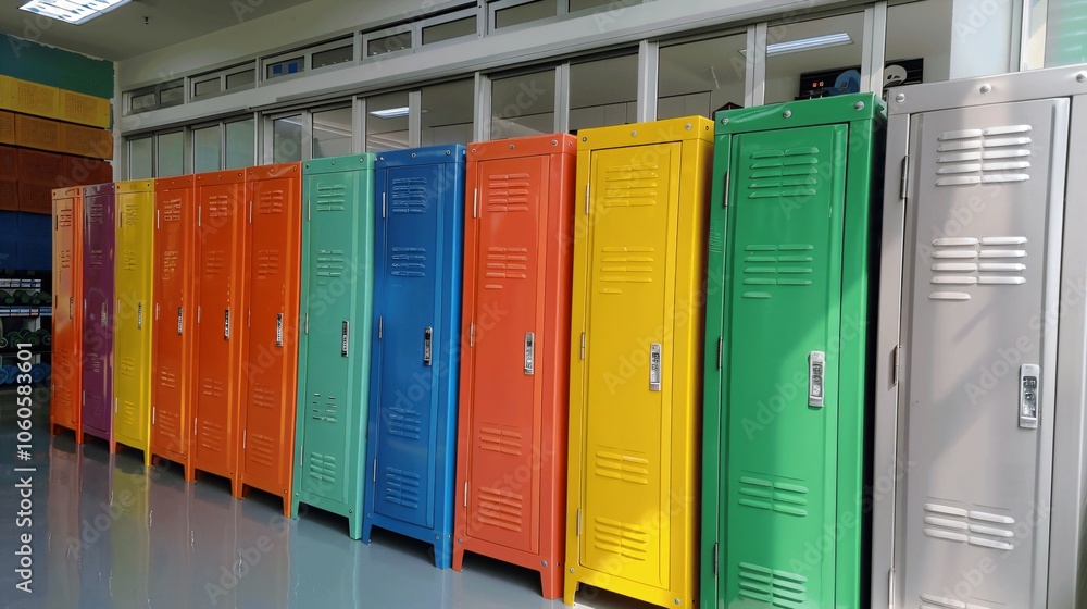 Colorful Lockers in Bright School Environment Colorful Lockers in Bright School Environment