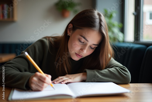 Focused Young Woman Writing in Notebook