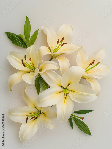 A serene arrangement of white lilies with green leaves on a light background.