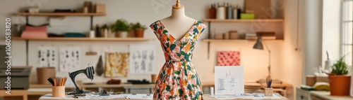 A beautifully designed sewing studio featuring a dress on a mannequin, showcasing creativity and design inspiration.