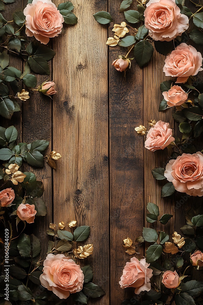Beautiful arrangement of pink roses with green leaves on rustic wooden background perfect for floral decorations and nature lovers Beautiful arrangement of pink roses with green leaves on rustic wooden background perfect for floral decorations and nature lovers